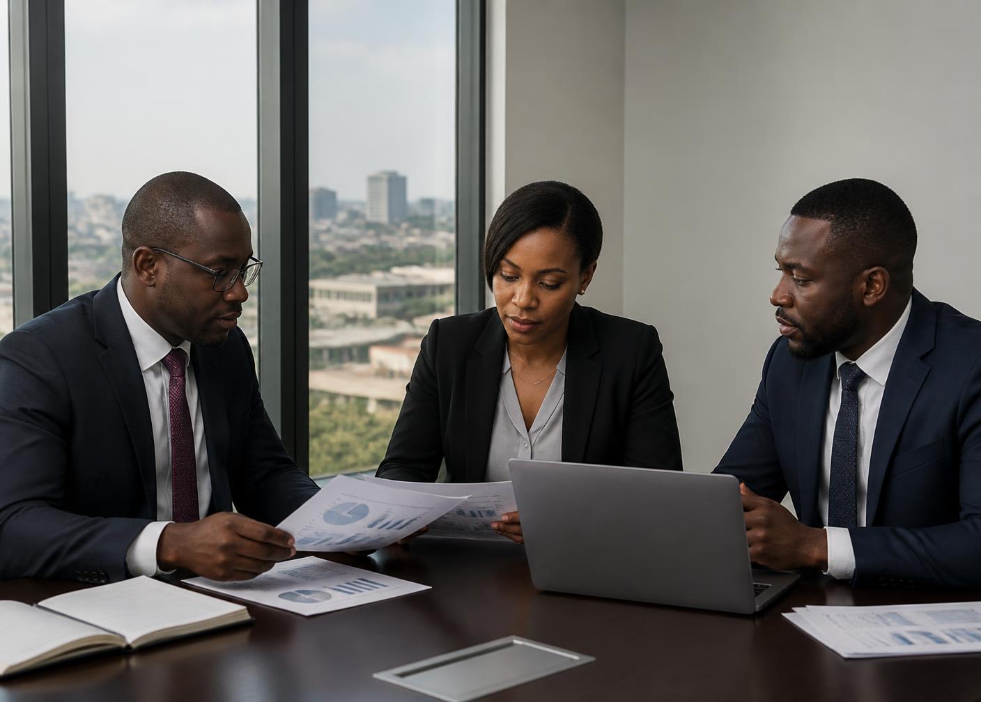 Insurance professionals reviewing loss assessment reports in a Kampala office
