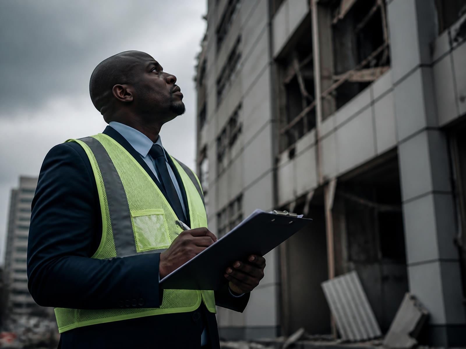 Loss assessor documenting damage to a commercial building during an insurance inspection