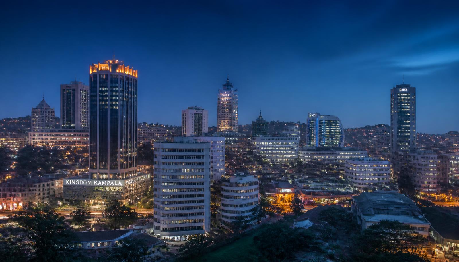 Kampala central business district skyline at dusk