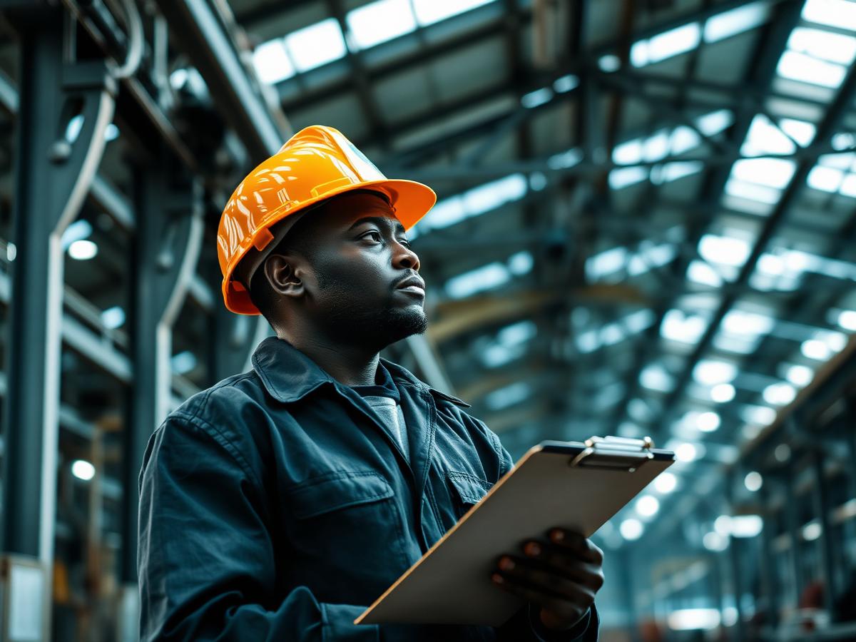 Engineer inspecting machinery inside an industrial facility