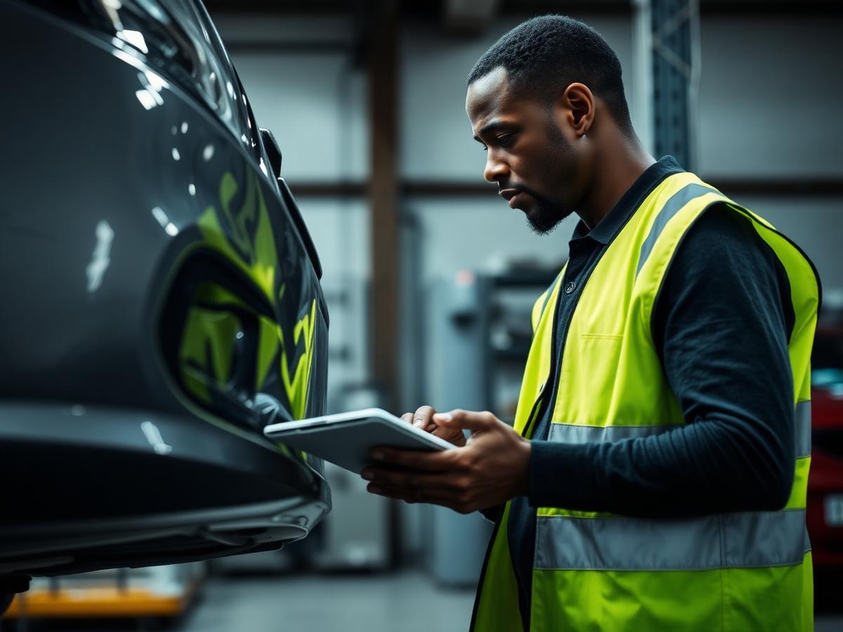 Vehicle assessor inspecting damage to a car in a workshop