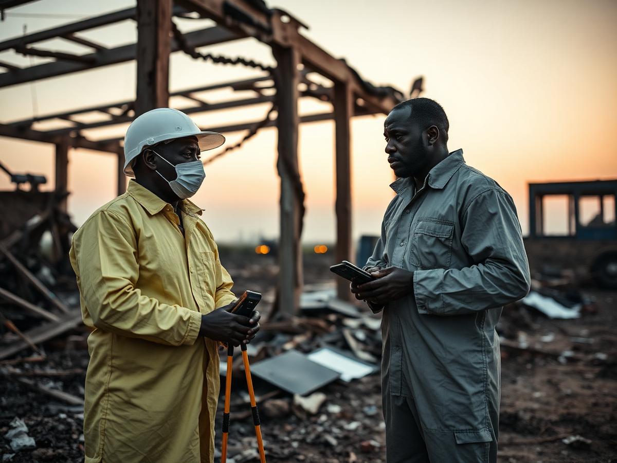 Specialists assessing a complex damaged structure on site